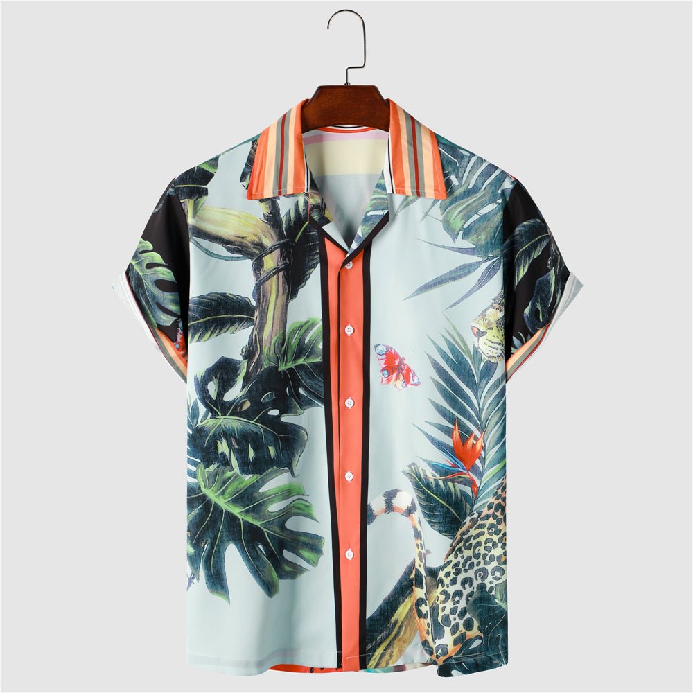 Men's casual shirt with giraffe print and tropical design.