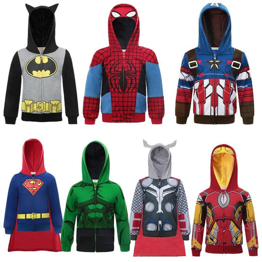 Super Boys Hoodies in various novelty superhero prints for children, cotton and polyester mix, available in orange, red, blue, green, and black.
