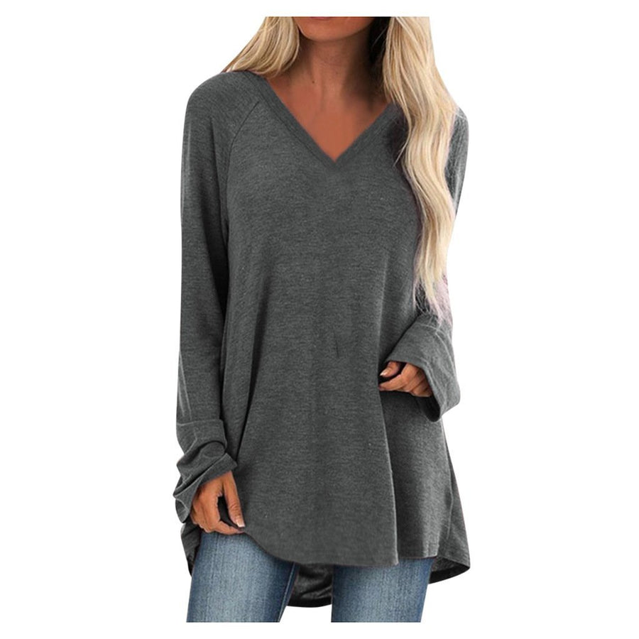 V-neck loose long sleeve pullover T-shirt - GIGI & POPO - Women - Grey / 5XL