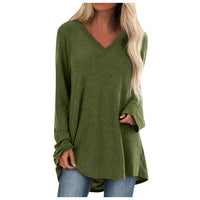 V-neck loose long sleeve pullover T-shirt - GIGI & POPO - Women - Army Green / 3XL