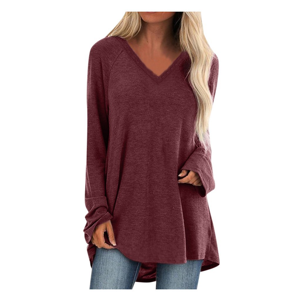 V-neck loose long sleeve pullover T-shirt - GIGI & POPO - Women - Wine red / 4XL