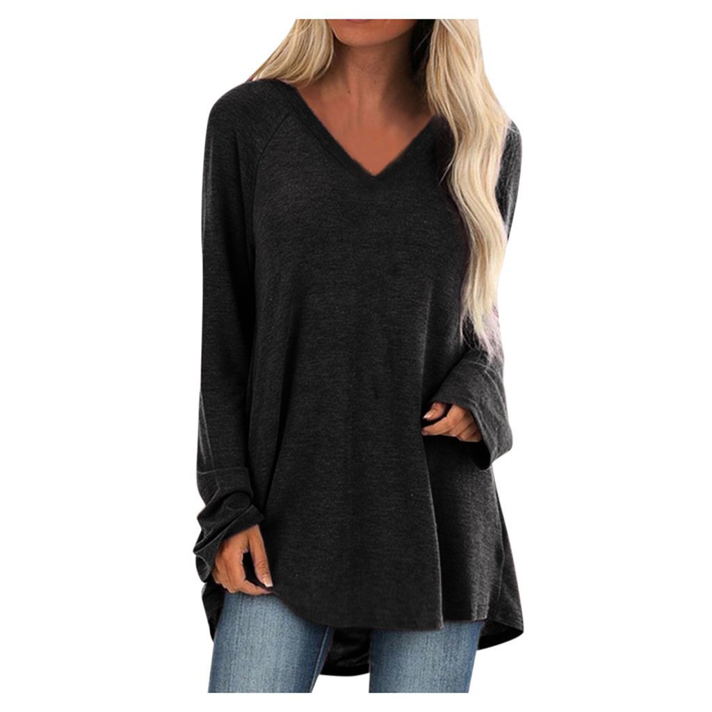 V-neck loose long sleeve pullover T-shirt - GIGI & POPO - Women - Black / 4XL