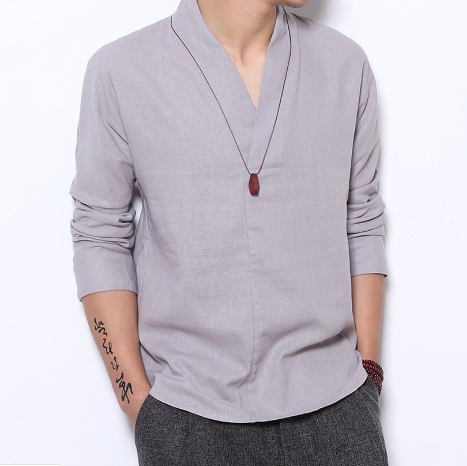 Vintage linen long sleeve shirt - GIGI & POPO - Men - Gray / XL