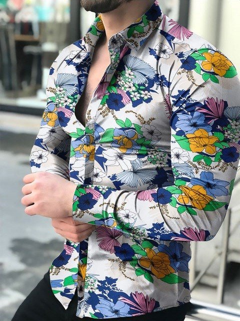 Men's streetwear black cotton vintage shirt with floral print design.