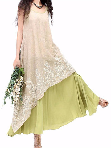 Vintage Women Embroidery Layered Short Sleeve Elegant Irregular Dress - GIGI & POPO - Dress - Green / 18