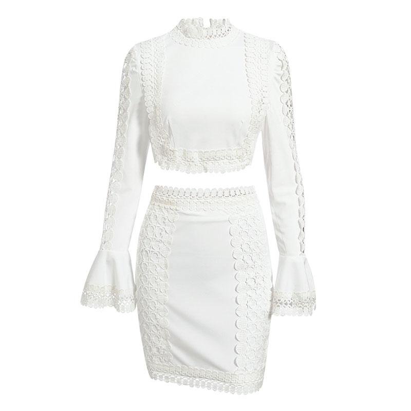 White Lace Flared Sleeve Top and Skirt Suit