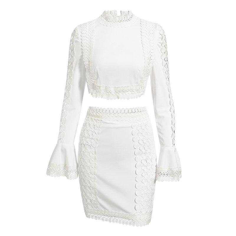 White Lace Flared Sleeve Top and Skirt Suit - GIGI & POPO - Women - White / M