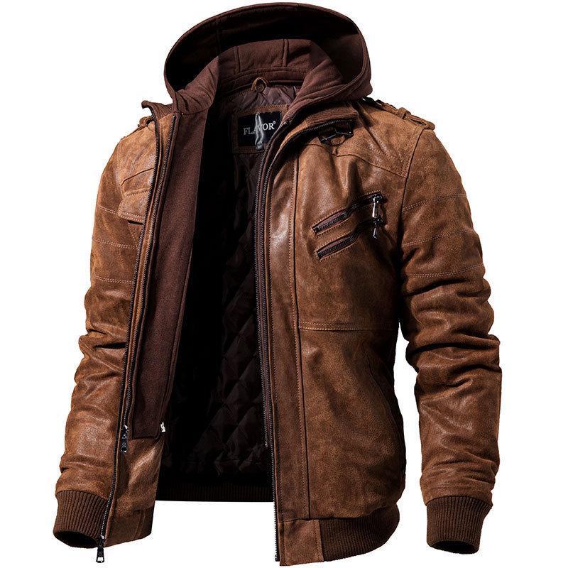 Winter Fashion Motorcycle Leather Jacket - GIGI & POPO - Men Hoodies & Jackets - Brown / 5XL