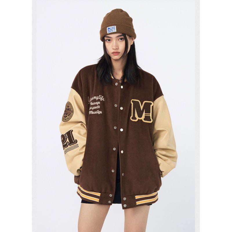 Retro loose high street jacket, brown and cream colors, stand-up collar, long sleeves, urban casual style.