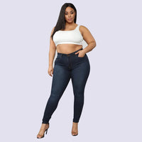 Women's Plus Size Fashion High Elastic Denim Pencil Pants - GIGI & POPO - Jeans - Navy Blue / XL