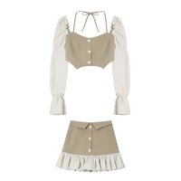 Women's Puff Sleeve Halter Top A-Line Skirt Two Piece Set - GIGI & POPO - 0 - Khaki / S