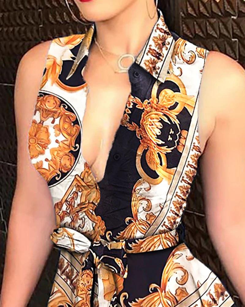 Women's V-neck printed dress with dress - GIGI & POPO - Women - Gold / L